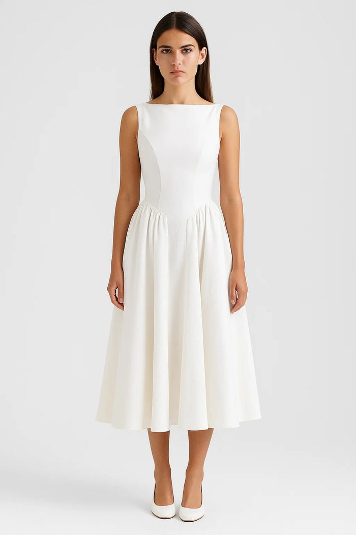 Women's Midi Dress — Open Back Short Sleeve Fitted Waist Design