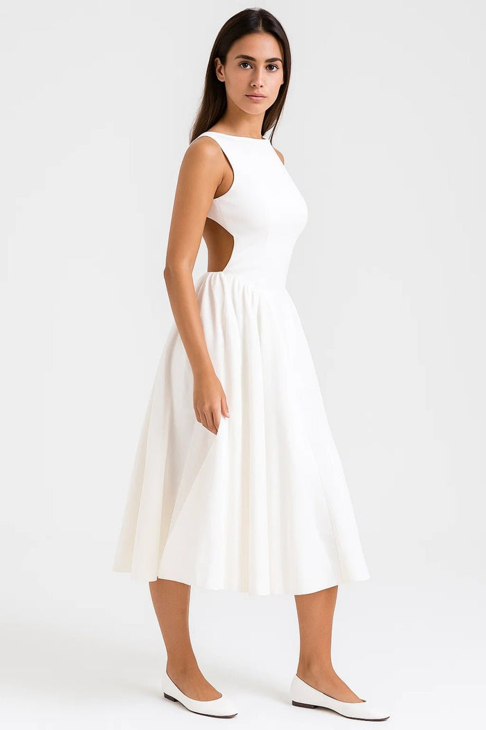 Women's Midi Dress — Open Back Short Sleeve Fitted Waist Design