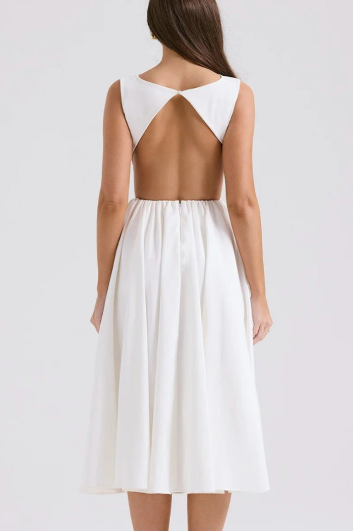 Women's Midi Dress — Open Back Short Sleeve Fitted Waist Design