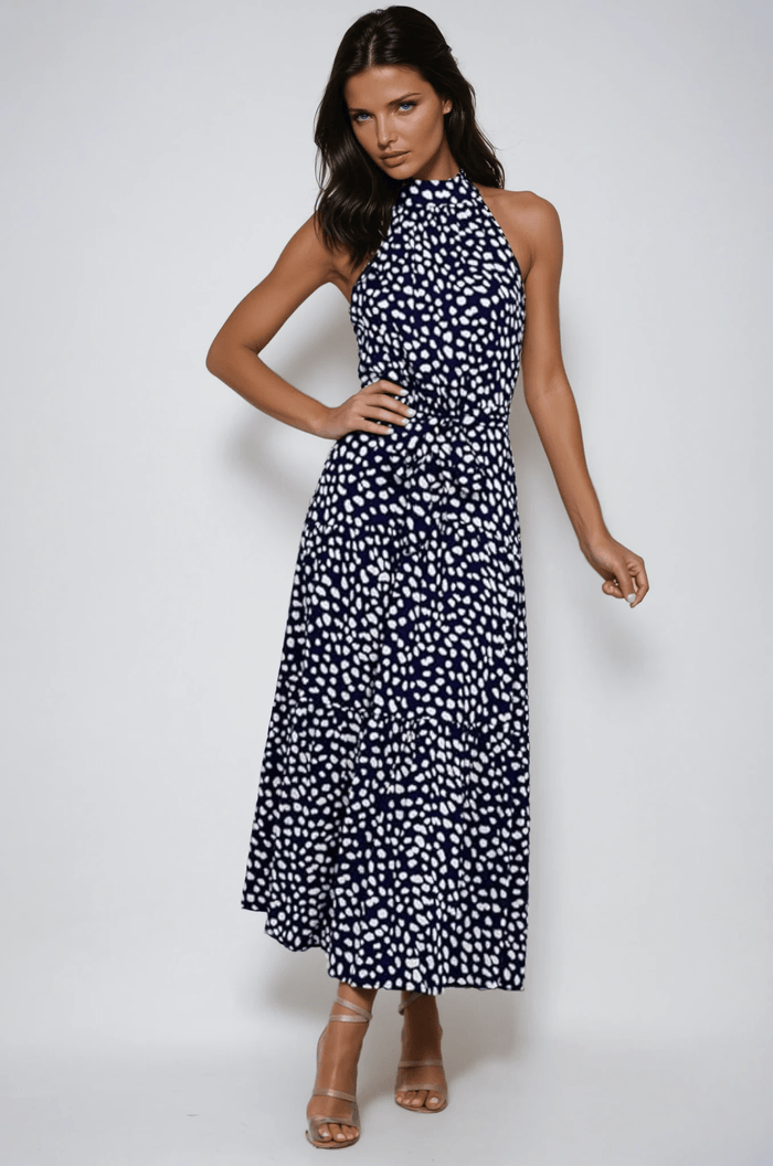 Women's Midi Dress — Polka Dot Halter Neckline Tie Waist Design