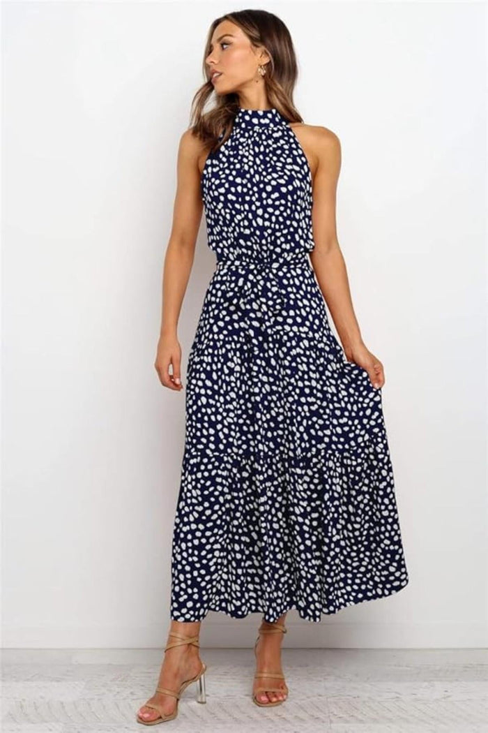 Women's Midi Dress — Polka Dot Halter Neckline Tie Waist Design
