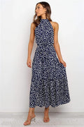 Women's Midi Dress — Polka Dot Halter Neckline Tie Waist Design