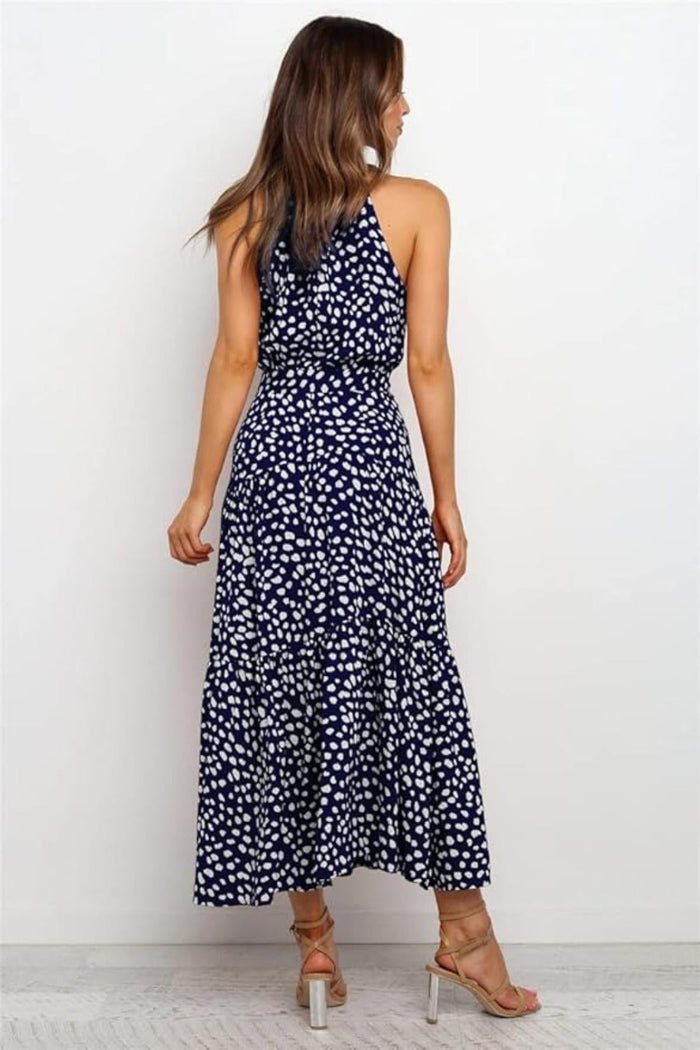 Women's Midi Dress — Polka Dot Halter Neckline Tie Waist Design