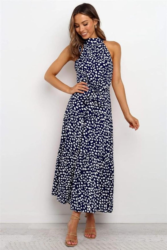 Women's Midi Dress — Polka Dot Halter Neckline Tie Waist Design