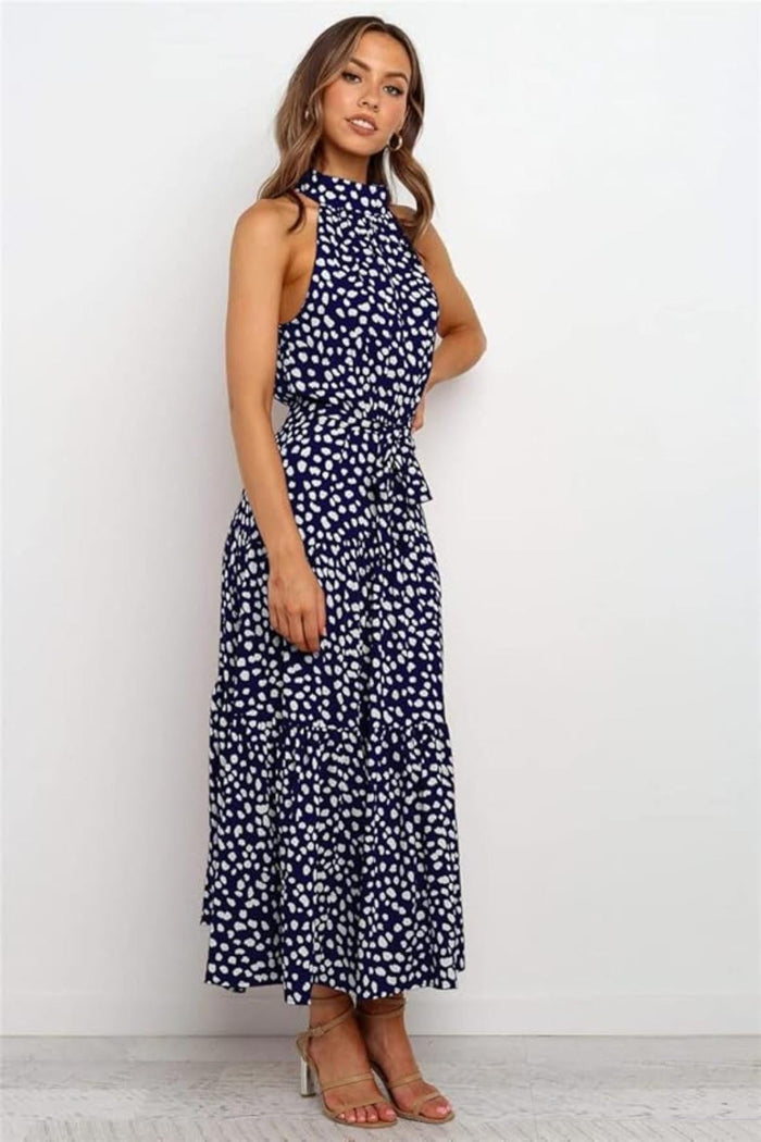 Women's Midi Dress — Polka Dot Halter Neckline Tie Waist Design