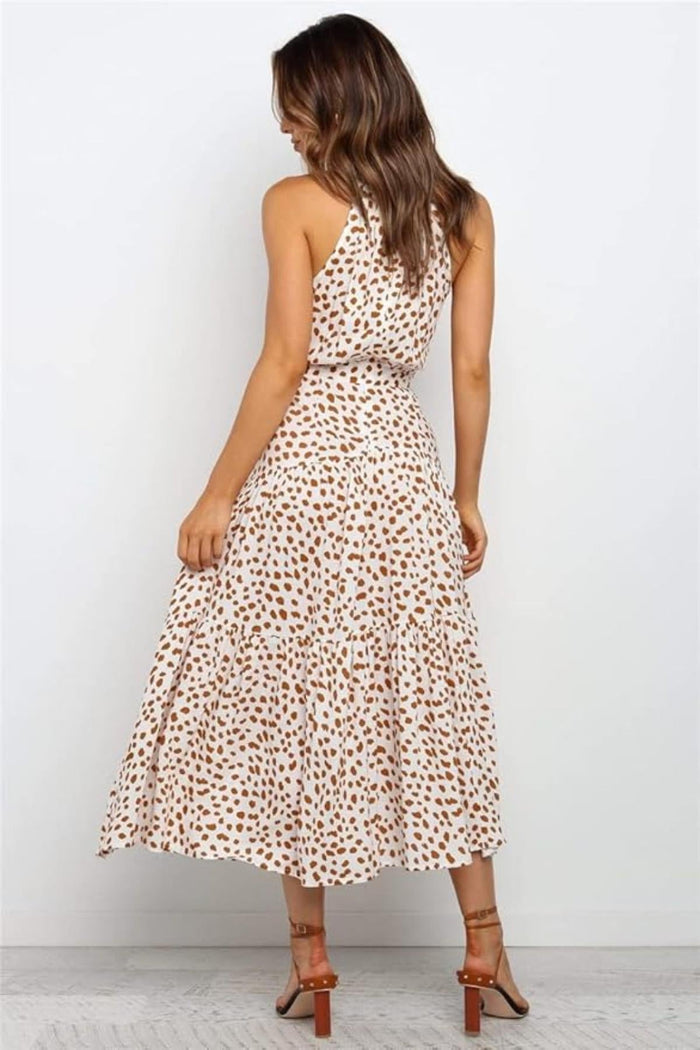 Women's Midi Dress — Polka Dot Halter Neckline Tie Waist Design