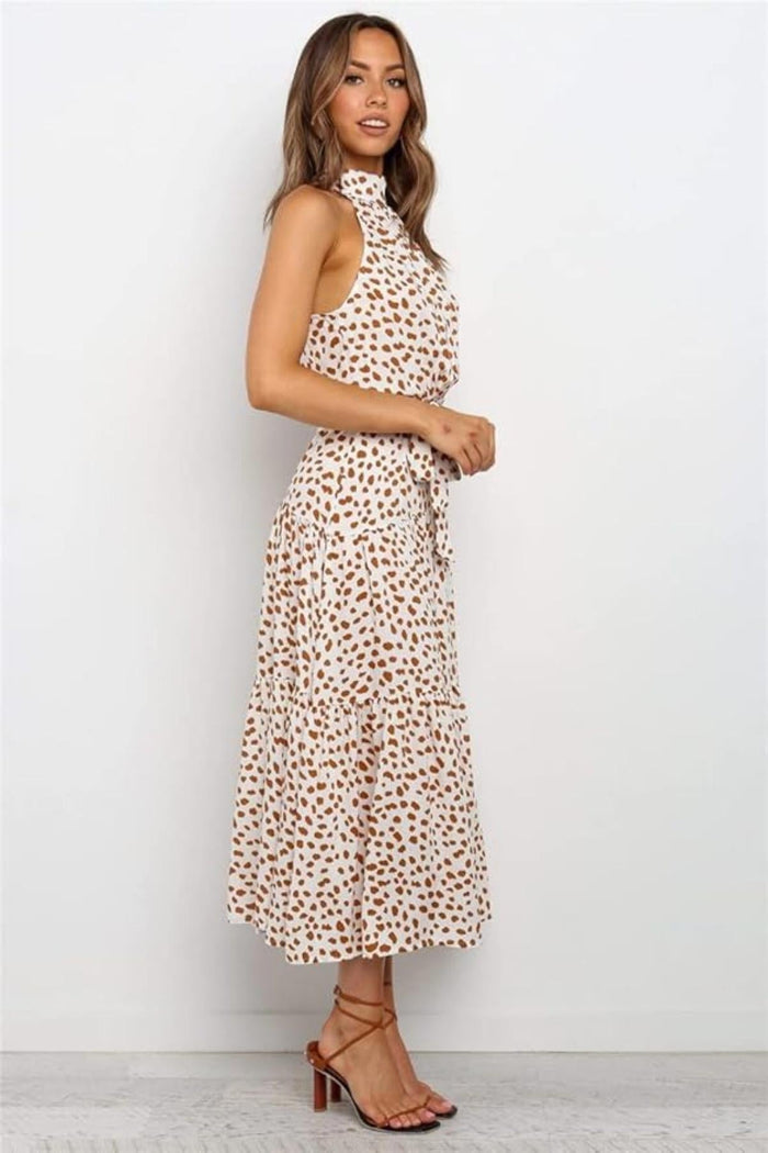 Women's Midi Dress — Polka Dot Halter Neckline Tie Waist Design