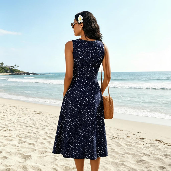 Women's Midi Dress — Sleeveless Polka Dot Fit & Flare Design