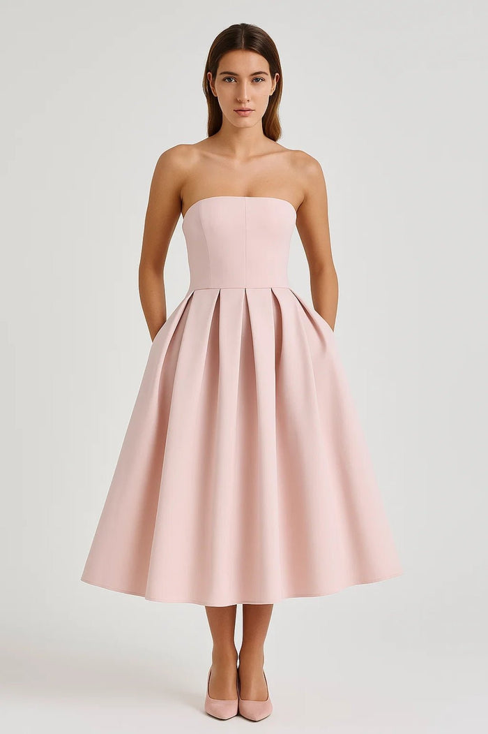 Women's Midi Dress — Strapless Fitted Bodice Flared Skirt Design