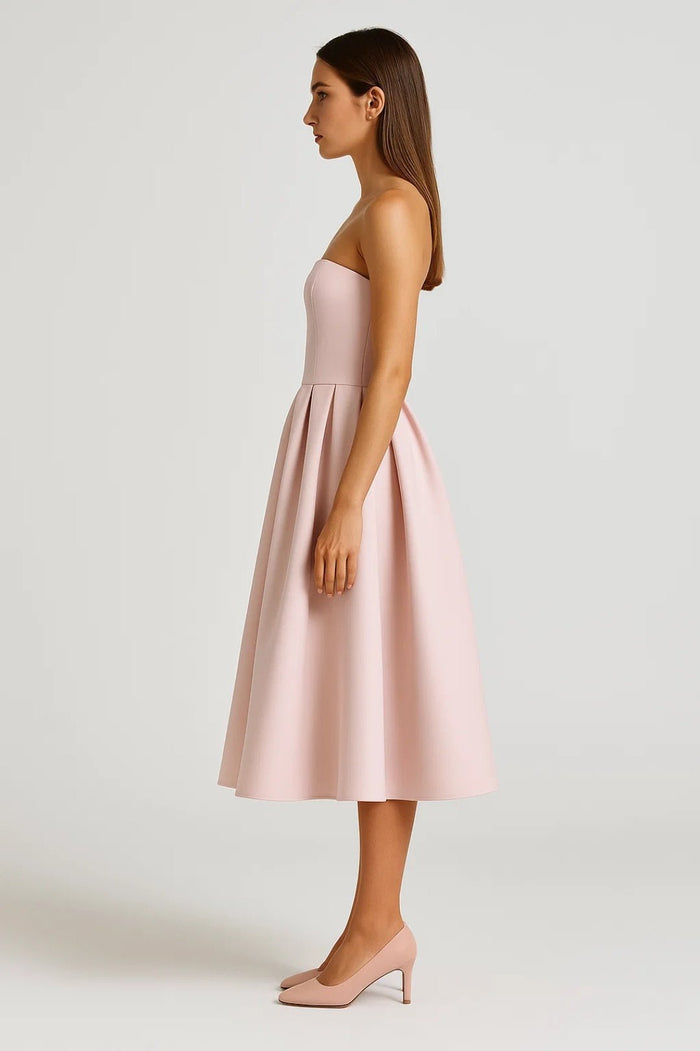 Women's Midi Dress — Strapless Fitted Bodice Flared Skirt Design