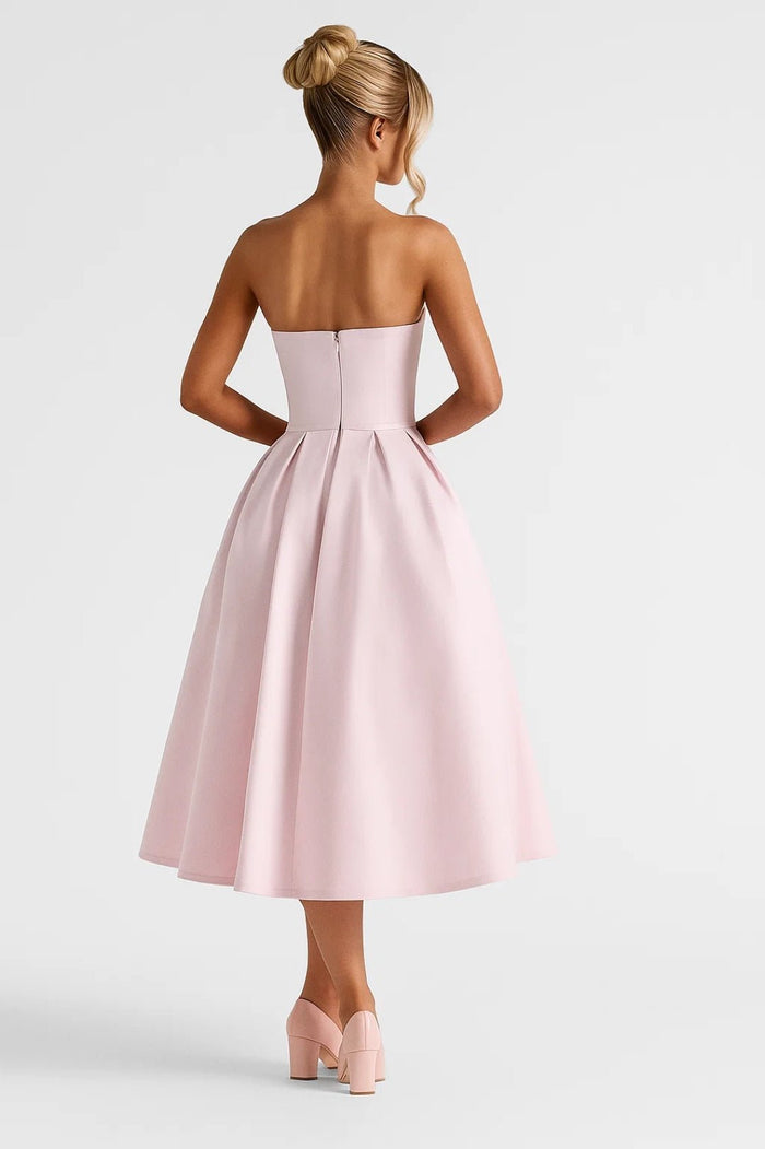 Women's Midi Dress — Strapless Fitted Bodice Flared Skirt Design