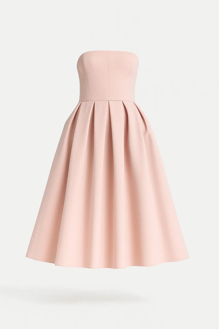 Women's Midi Dress — Strapless Fitted Bodice Flared Skirt Design