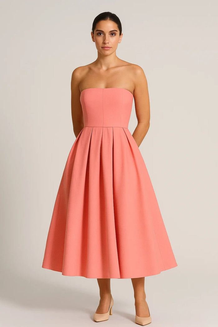 Women's Midi Dress — Strapless Fitted Bodice Flared Skirt Design