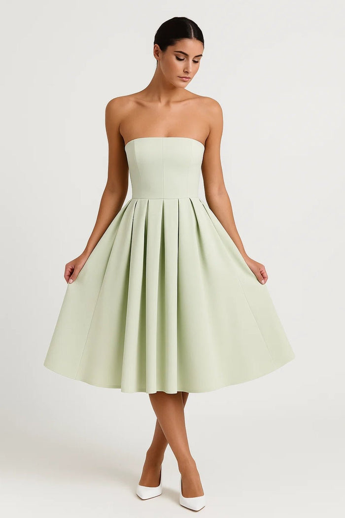 Women's Midi Dress — Strapless Fitted Bodice Flared Skirt Design