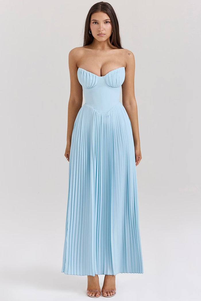 Women's Midi Dress — Strapless Sleeveless Pleated Bodice & Skirt