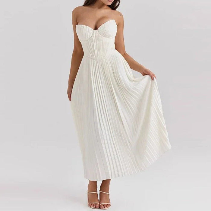 Women's Midi Dress — Strapless Sleeveless Pleated Bodice & Skirt