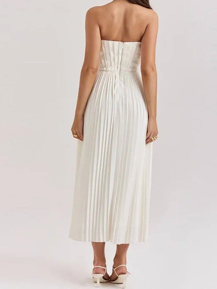 Women's Midi Dress — Strapless Sleeveless Pleated Bodice & Skirt