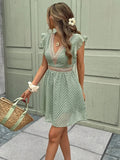 Women's Midi Dress — V-Neck Short Sleeve Crochet Trim Design