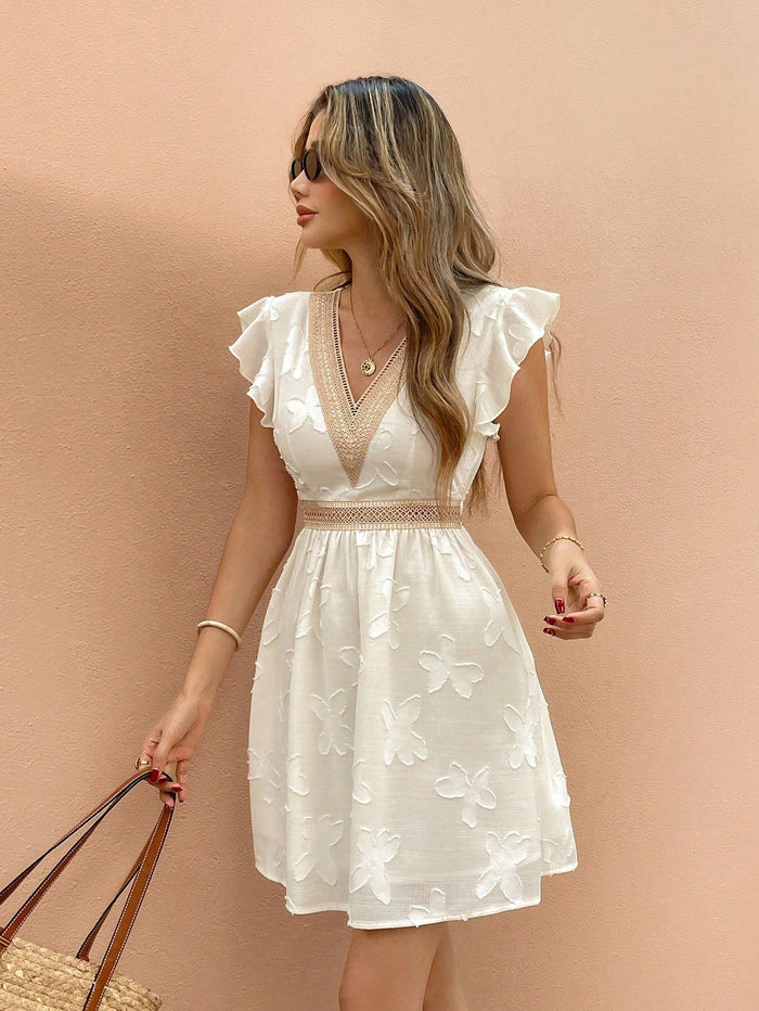 Women's Midi Dress — V-Neck Short Sleeve Crochet Trim Design