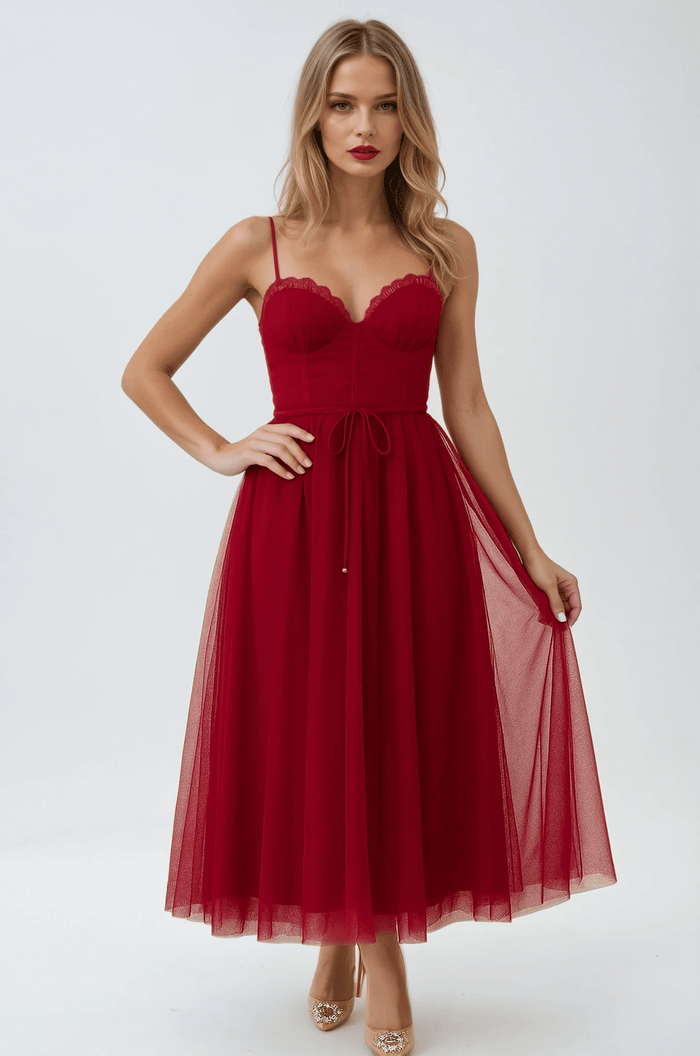 Women's Midi Gown — Corset Fit Spaghetti Strap Ruched Bust