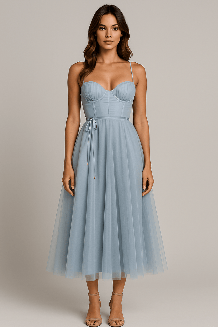 Women's Midi Gown — Corset Fit Spaghetti Strap Ruched Bust