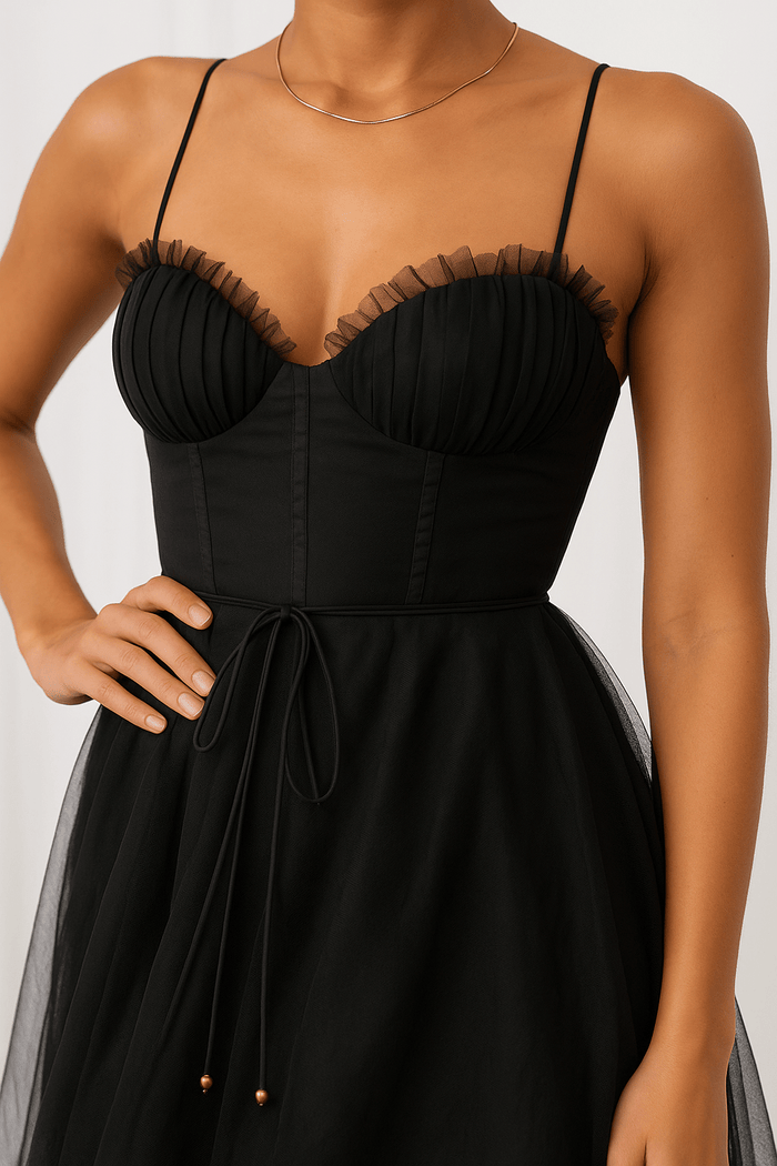 Women's Midi Gown — Corset Fit Spaghetti Strap Ruched Bust