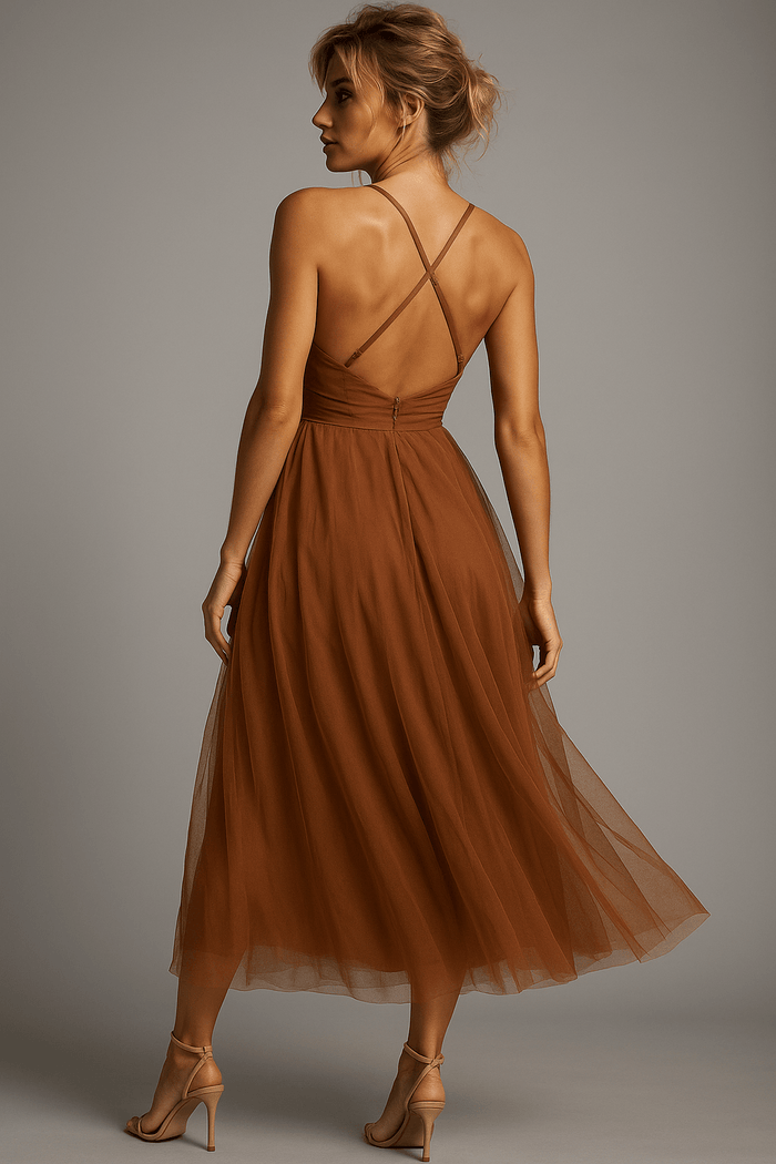 Women's Midi Gown — Corset Fit Spaghetti Strap Ruched Bust