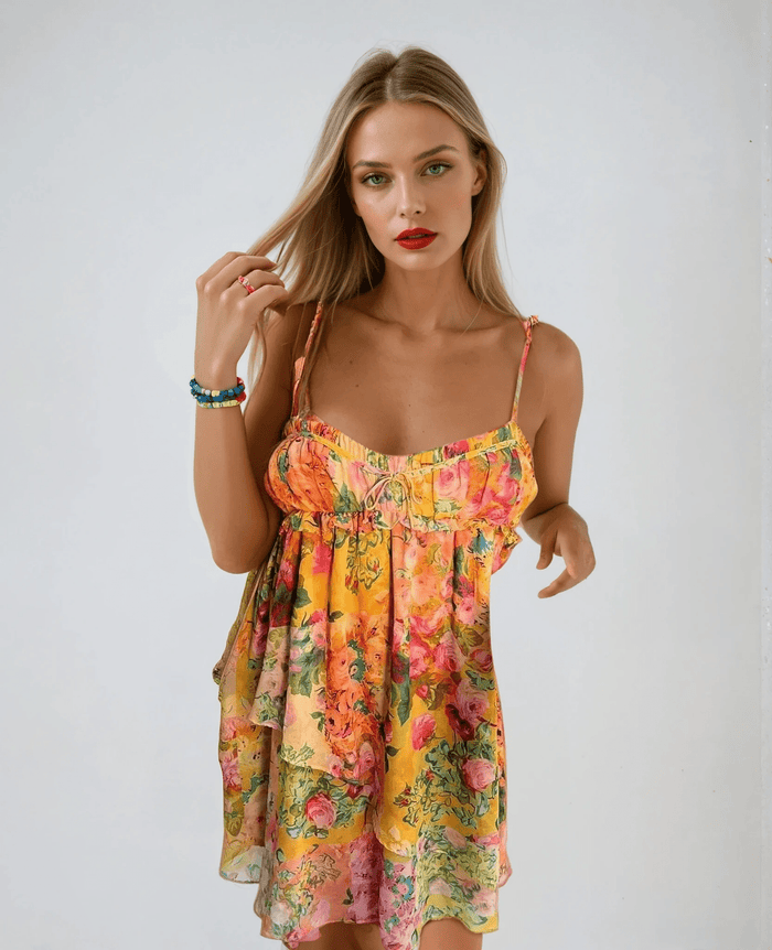 Women's Mini Dress — Floral Print Tiered Structure Summer Style