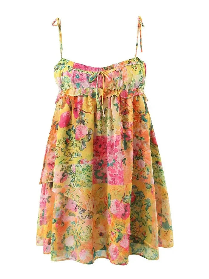 Women's Mini Dress — Floral Print Tiered Structure Summer Style