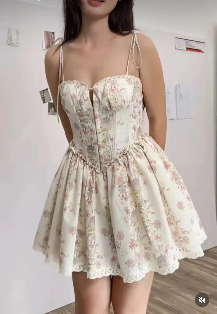 Women's Mini Dress — Lace Stitching Tie Waist Corset Bodice