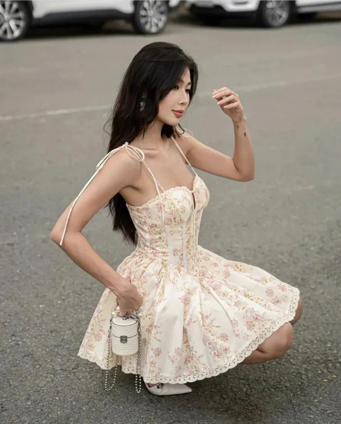 Women's Mini Dress — Lace Stitching Tie Waist Corset Bodice