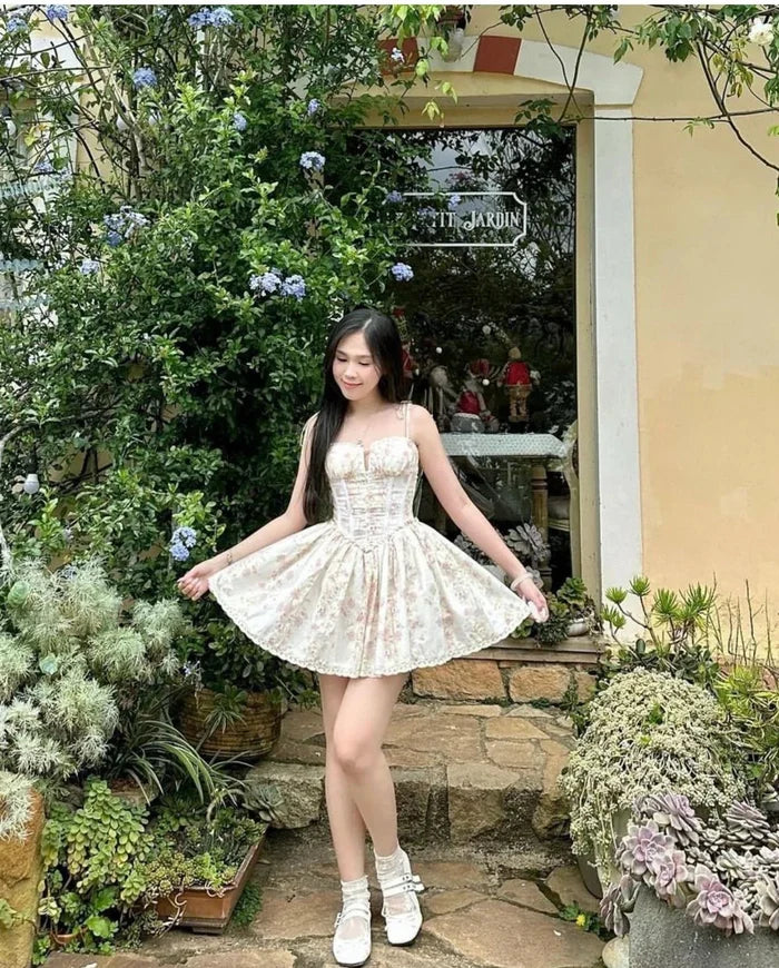 Women's Mini Dress — Lace Stitching Tie Waist Corset Bodice