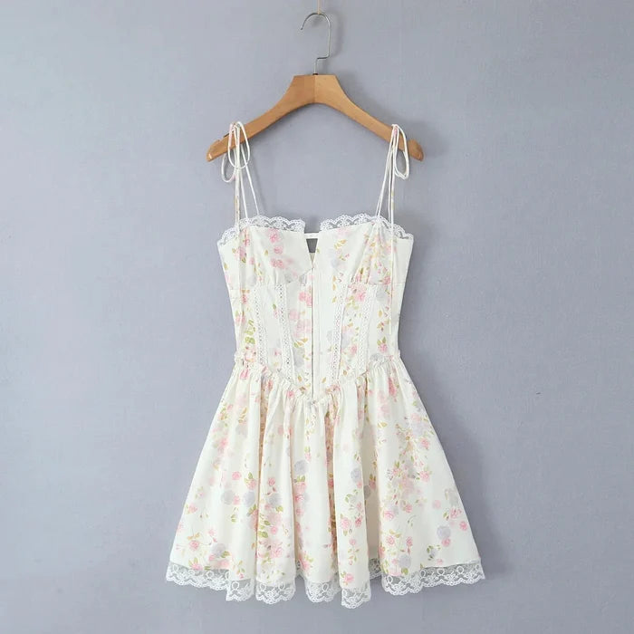 Women's Mini Dress — Lace Stitching Tie Waist Corset Bodice