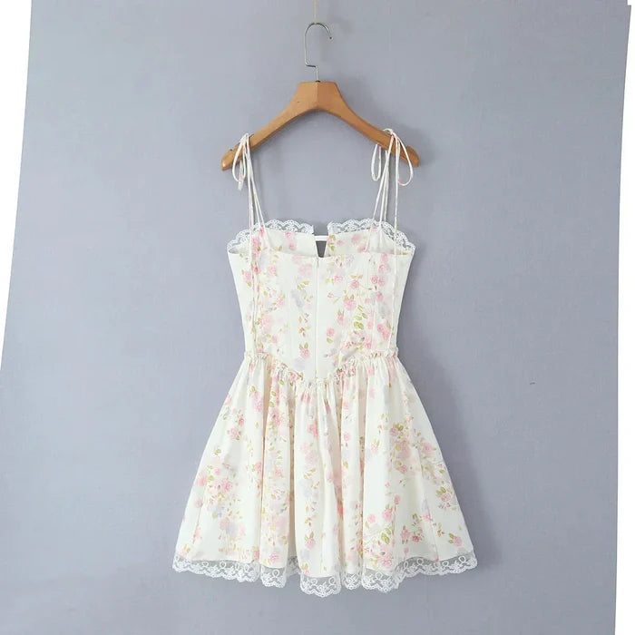 Women's Mini Dress — Lace Stitching Tie Waist Corset Bodice