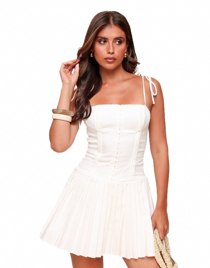 Women's Mini Dress — Pleated Skirt Sleeveless Tie Straps Design