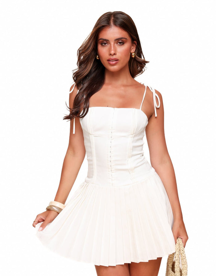 Women's Mini Dress — Pleated Skirt Sleeveless Tie Straps Design