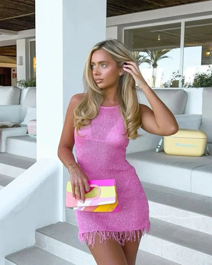 Women's Mini Dress — Sequin Sleeveless Fringe Hem Evening Design