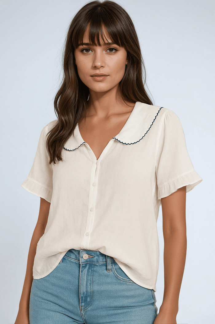 Women's Shirt — Button-Up Doll Collar Scalloped Sleeves