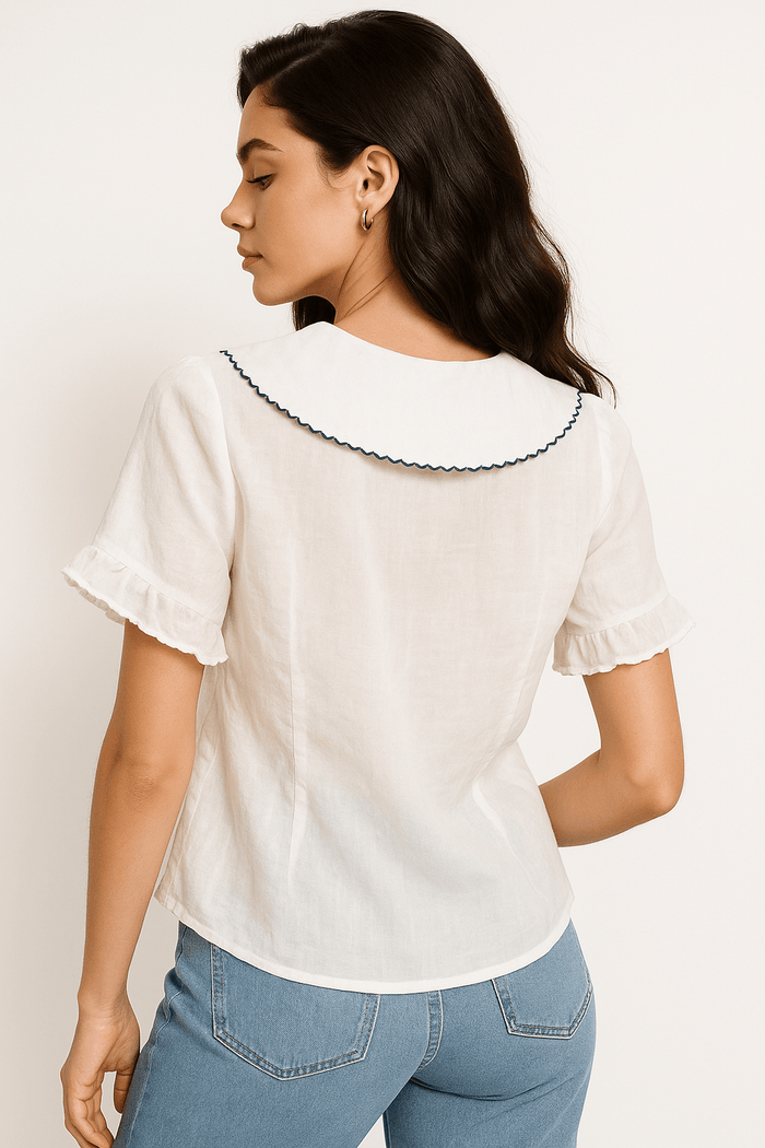 Women's Shirt — Button-Up Doll Collar Scalloped Sleeves