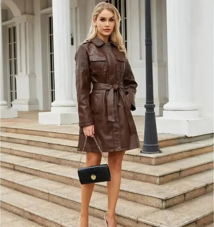 Women's Shirt Dress — Long Sleeve Tie Waist Button Closure