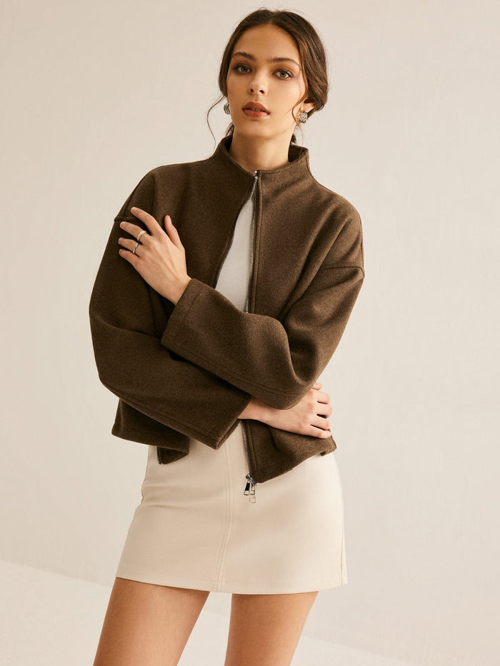 Women's Short Coat — Stand-Up Collar Zipper Closure Design