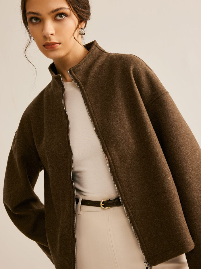 Women's Short Coat — Stand-Up Collar Zipper Closure Design