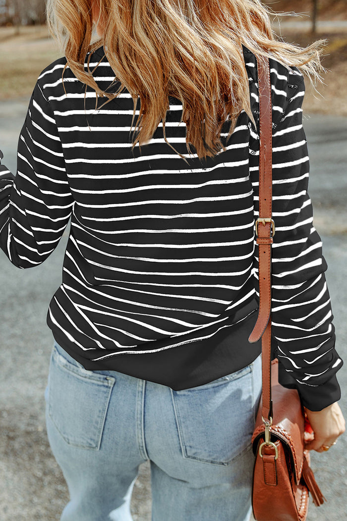 Women's Striped Print Ribbed Trim Long Sleeve Top