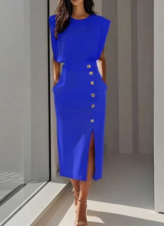 Women's Summer Split Dress With Buttons Casual Sleeveless Midi Dress Clothing