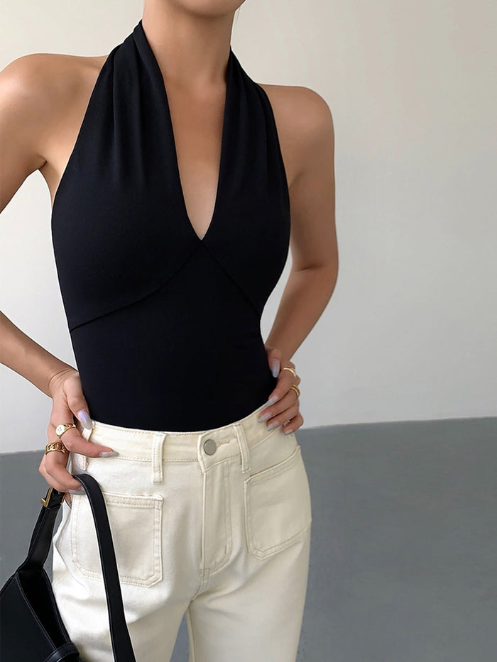 Women's Tank Top — Halter Neck Plunging V-Neck Open Back