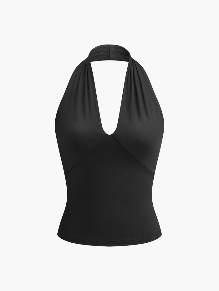Women's Tank Top — Halter Neck Plunging V-Neck Open Back