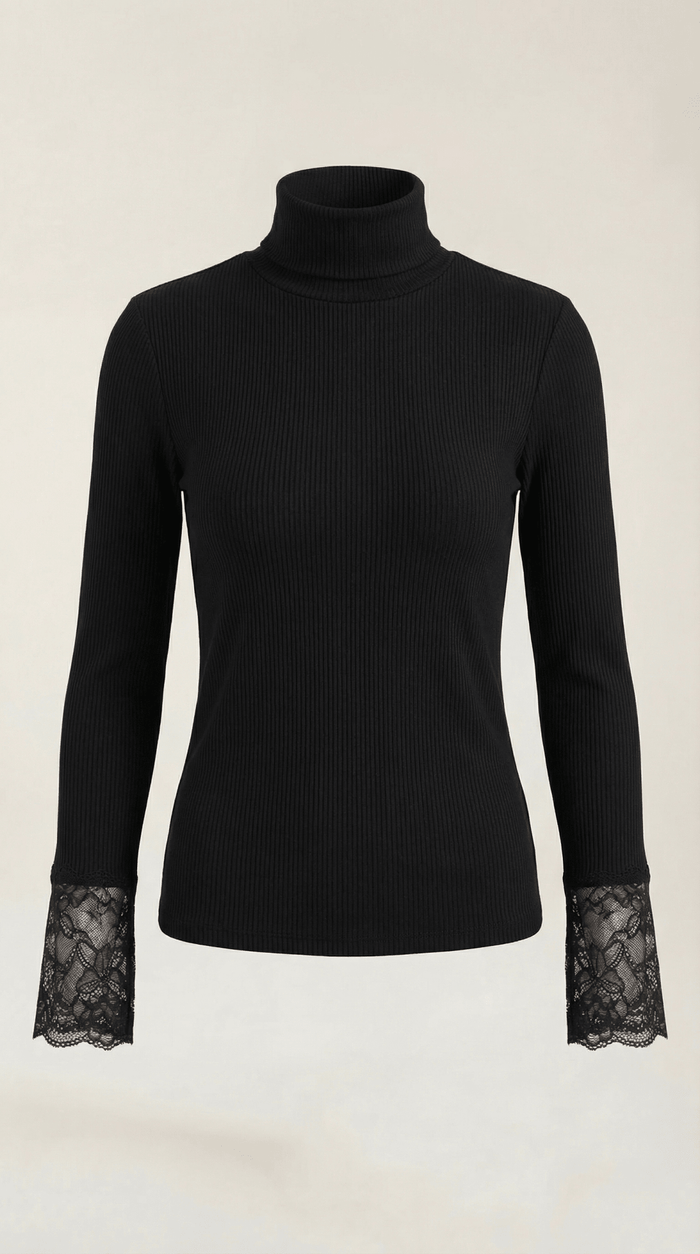 Women's Top — Fitted Roll Neck Long Sleeve Lace Cuffs